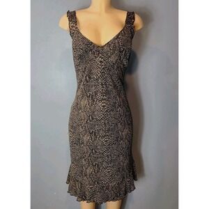 CDC Vintage Y2K Snake Print Midi Dress Size 14 Ruffle Retro Brown 90s Bias Boho